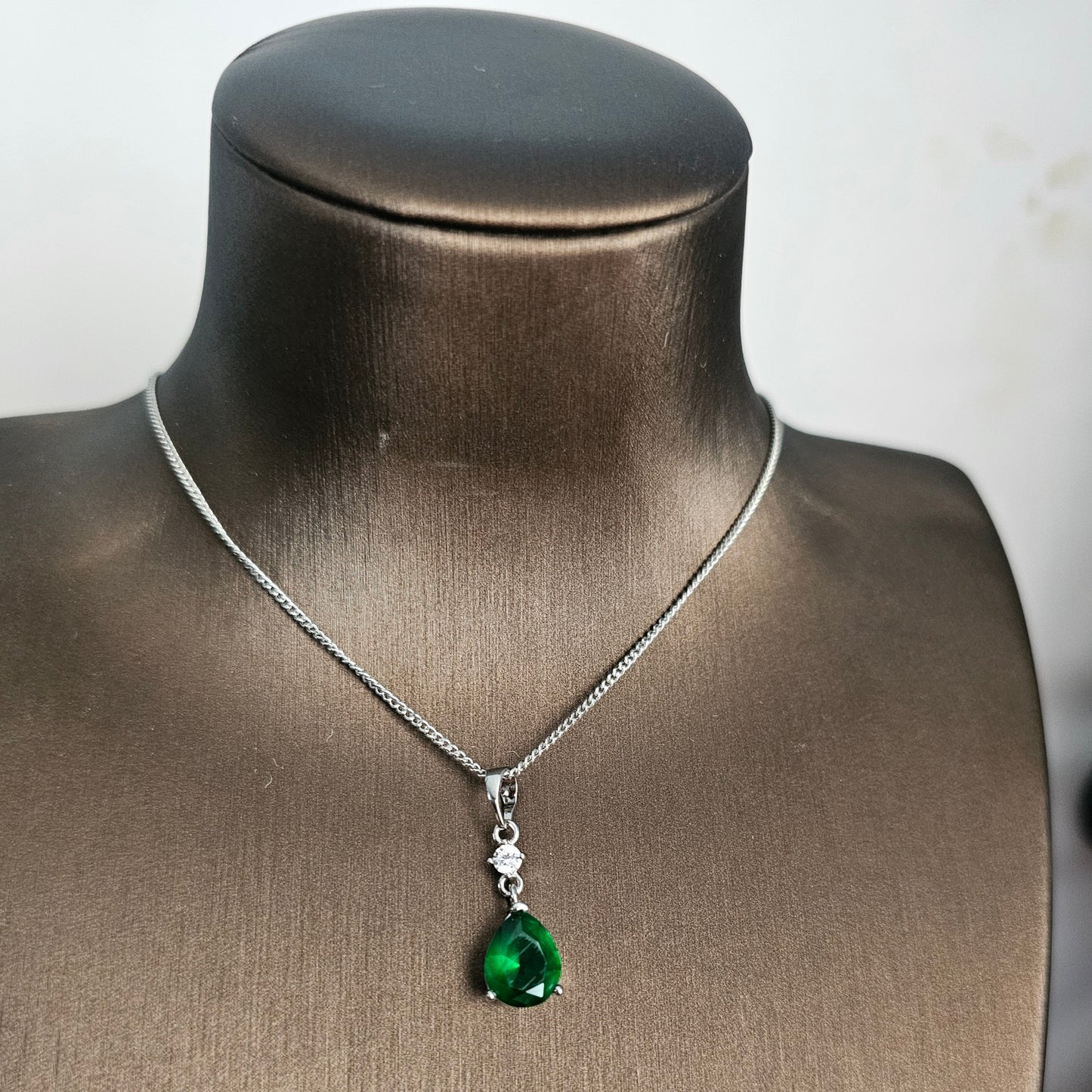 Silver Drop Necklace Green